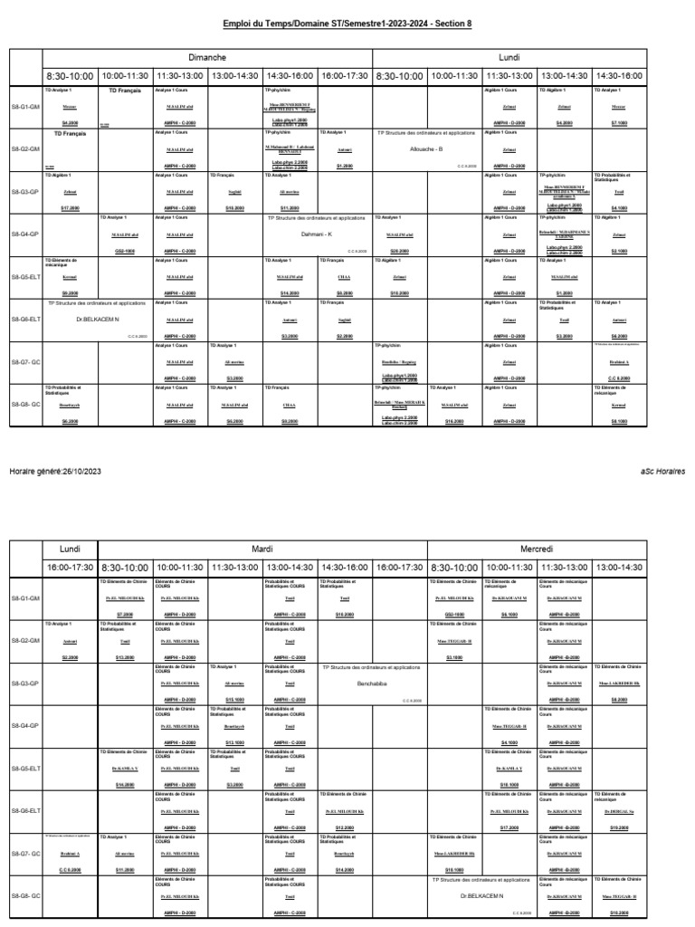 Emploi du Temps ST Semestre 1 2023-2024 | PDF