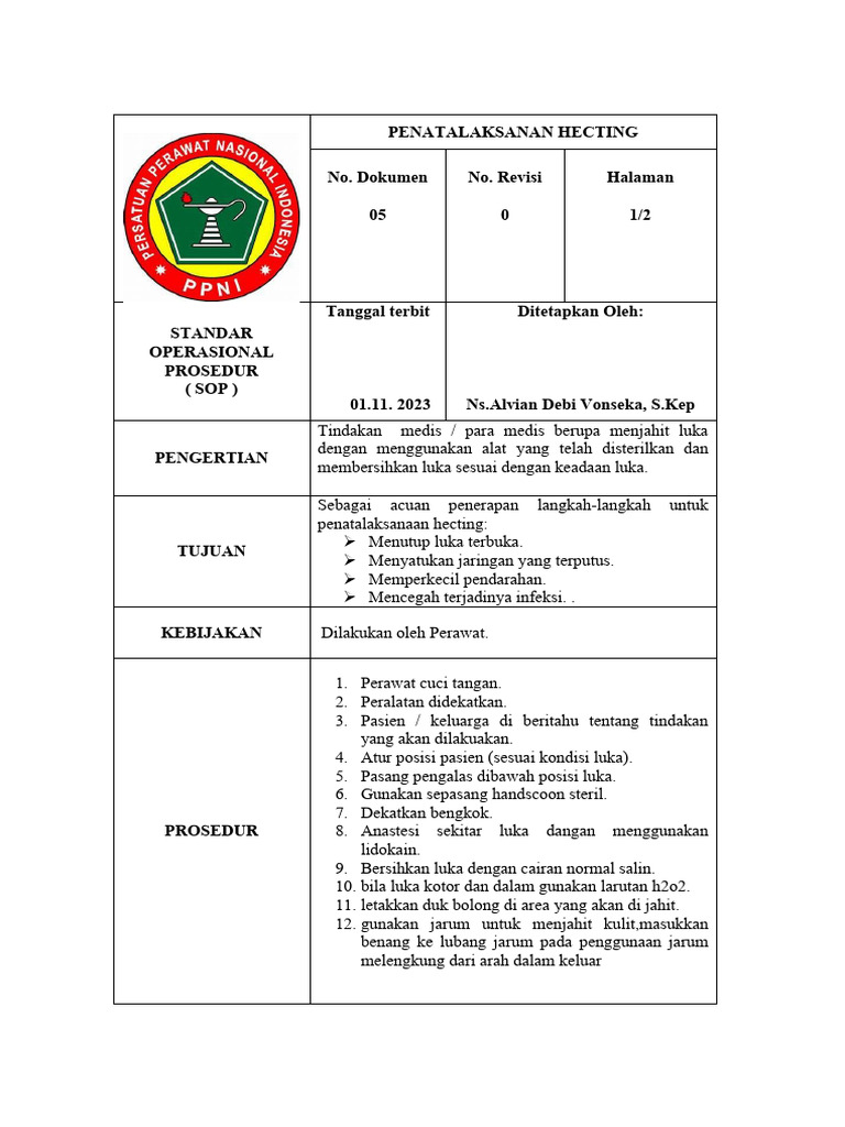 Prosedur Penatalaksanaan Hecting | PDF