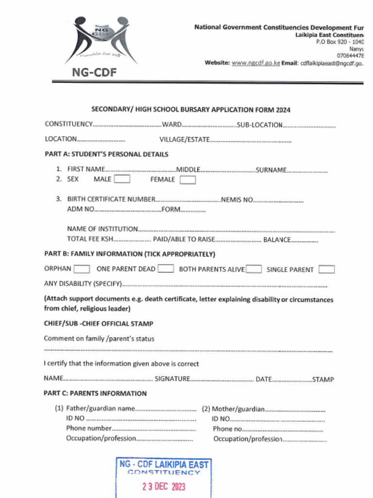Secondary Bursary Form 2024 PDF