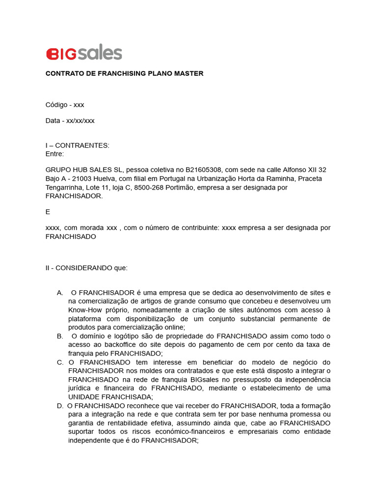 CONTRATO DE FRANCHISING MASTER-Exemplar | PDF | Franchising | Publicidade