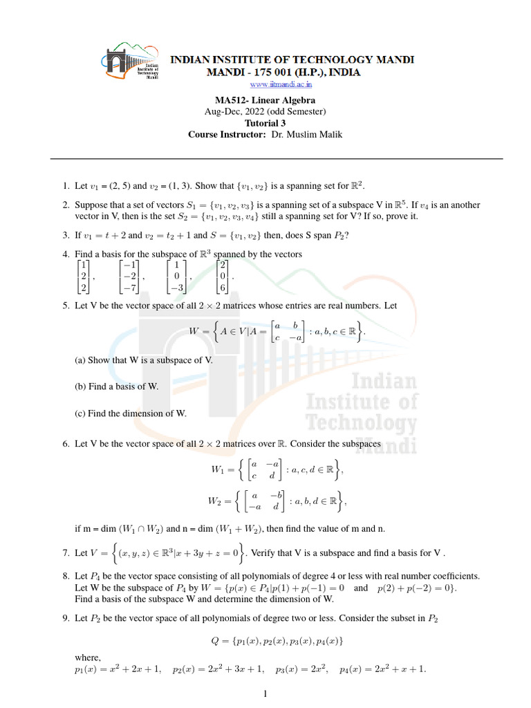 Tutorial 3 pdf basis linear algebra linear subspace