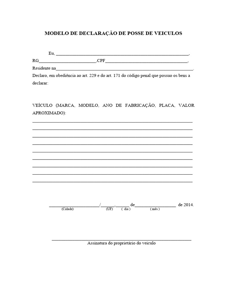 Modelo De Declaracao De Posse De Veiculos Pdf