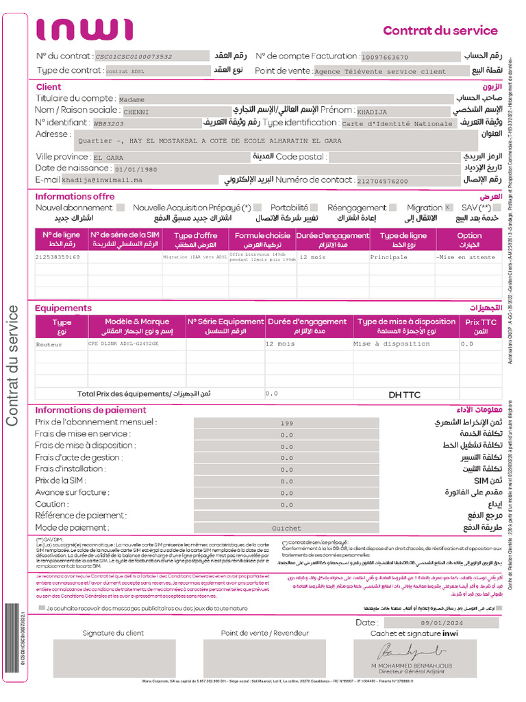 CSC01CSC0100073532: Contrat ADSL | PDF | Facture | Télécommunications