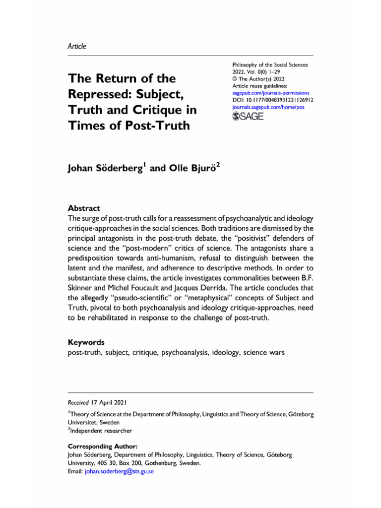 The Return of The Repressed Subject, Truth and Critique in Times of