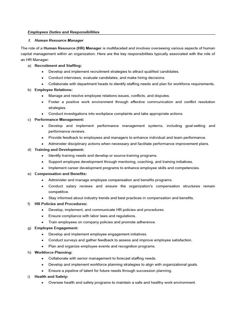 HR Manager Duties and Responsibilities | PDF | Human Resources | Human ...