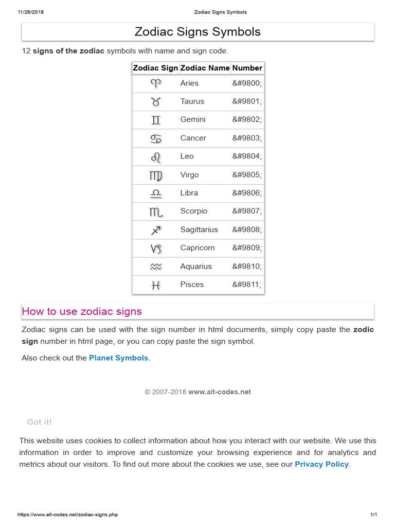 alt codes for Zodiac Signs Symbols | PDF
