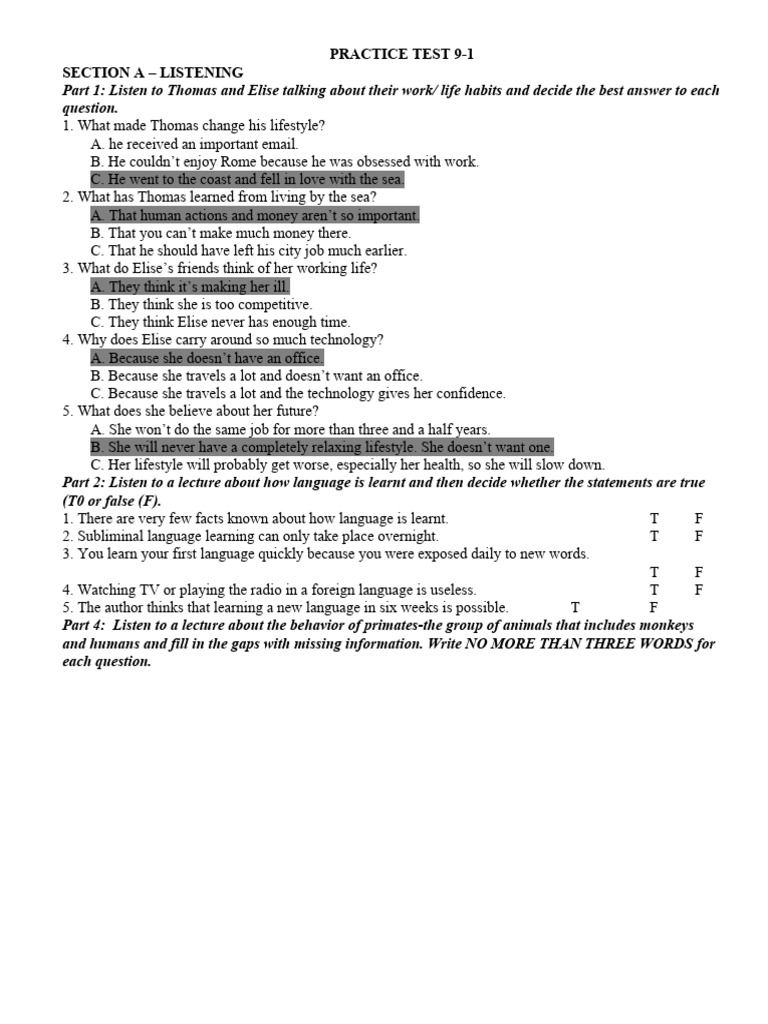 Practice Test 9-1 Section A - Listening | PDF | Nasa | Thought