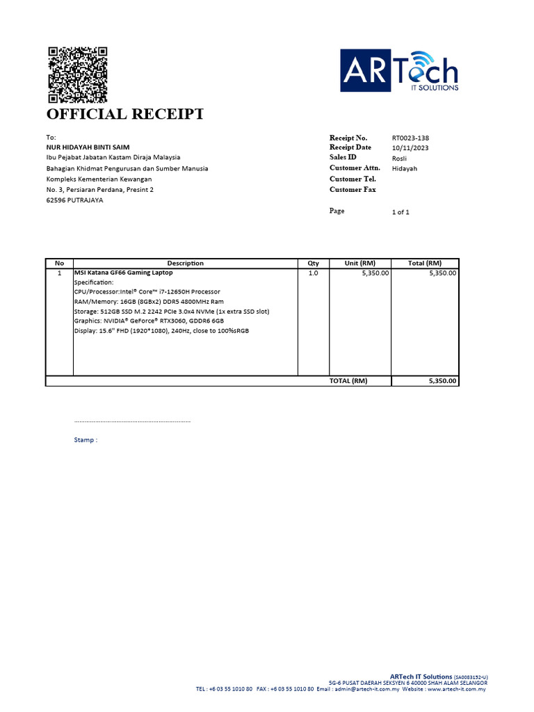 Receipt - Hidayah Rahim Kastam | PDF