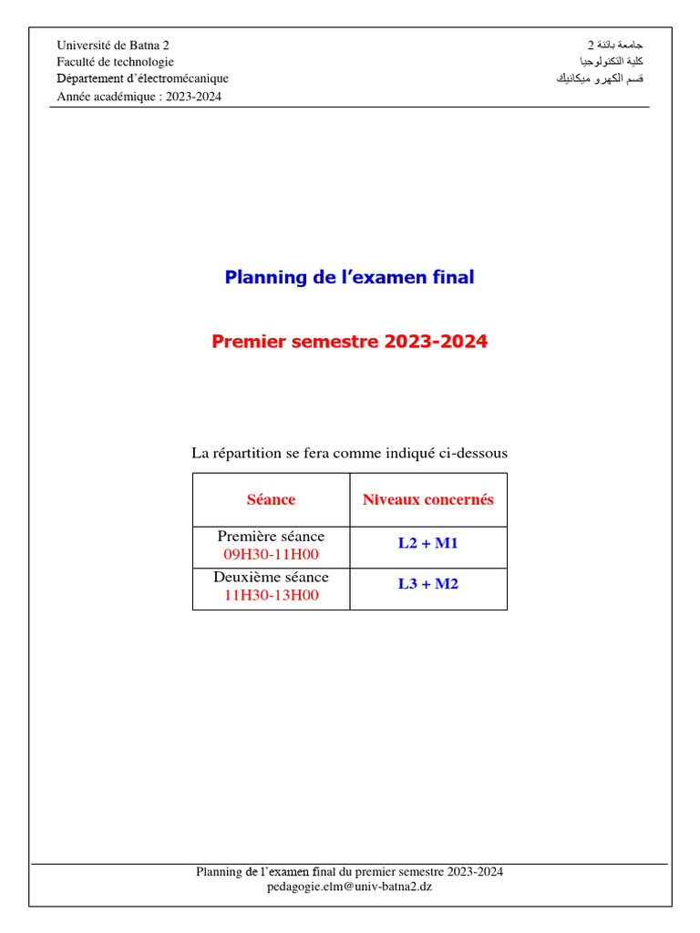 Planning Examens Semestre 1 2023-2024 | PDF