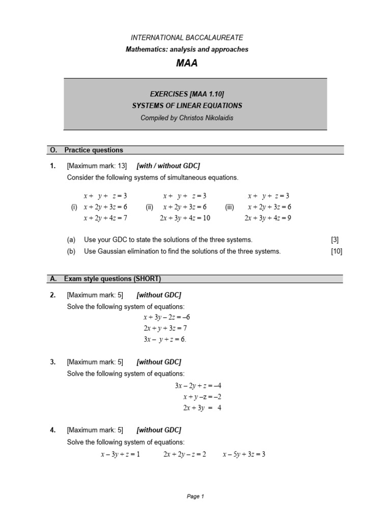 IB Math: Systems of Equations Exercises | PDF | Equations | Mathematics ...
