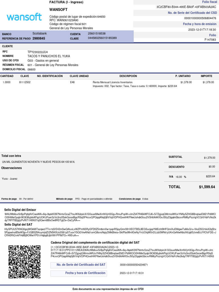 Factura CFDI para Tacos El Yuka | PDF | Servicios financieros | Bancario