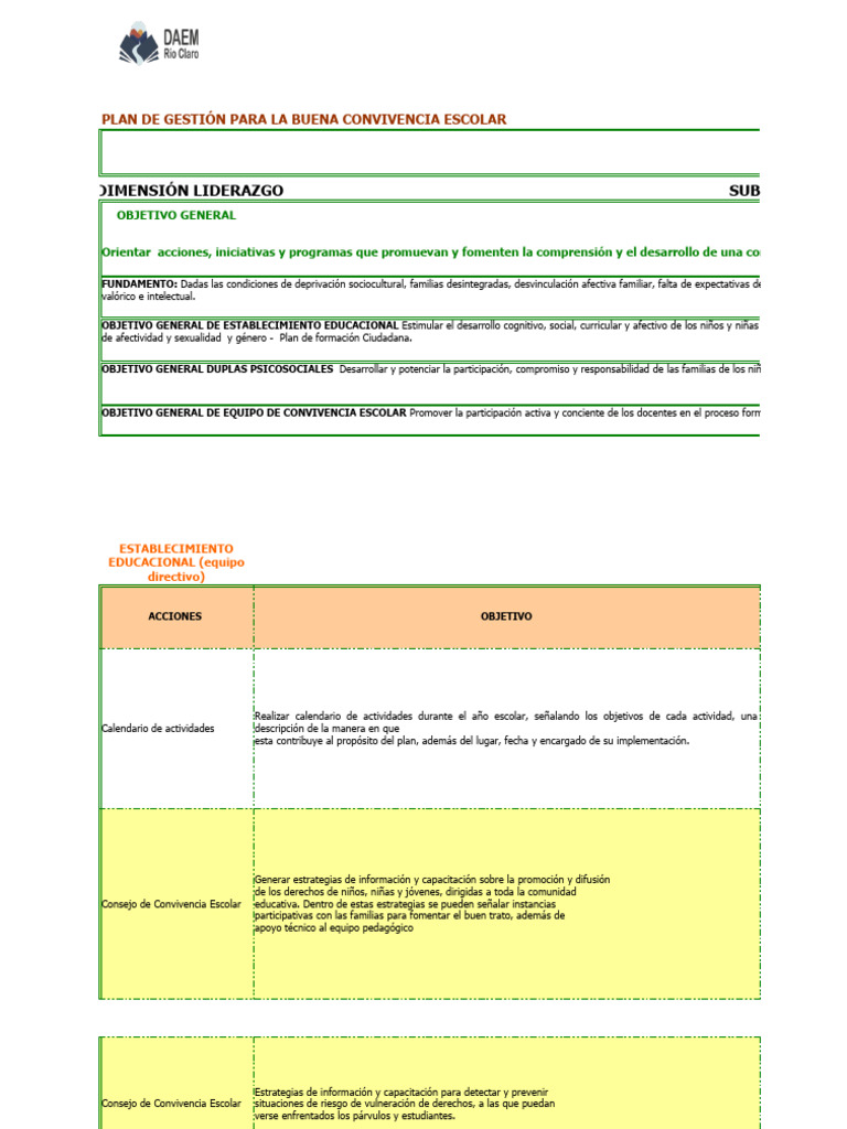 Plan de Gestión para Convivencia Escolar | PDF | Enseñando | Plan de ...
