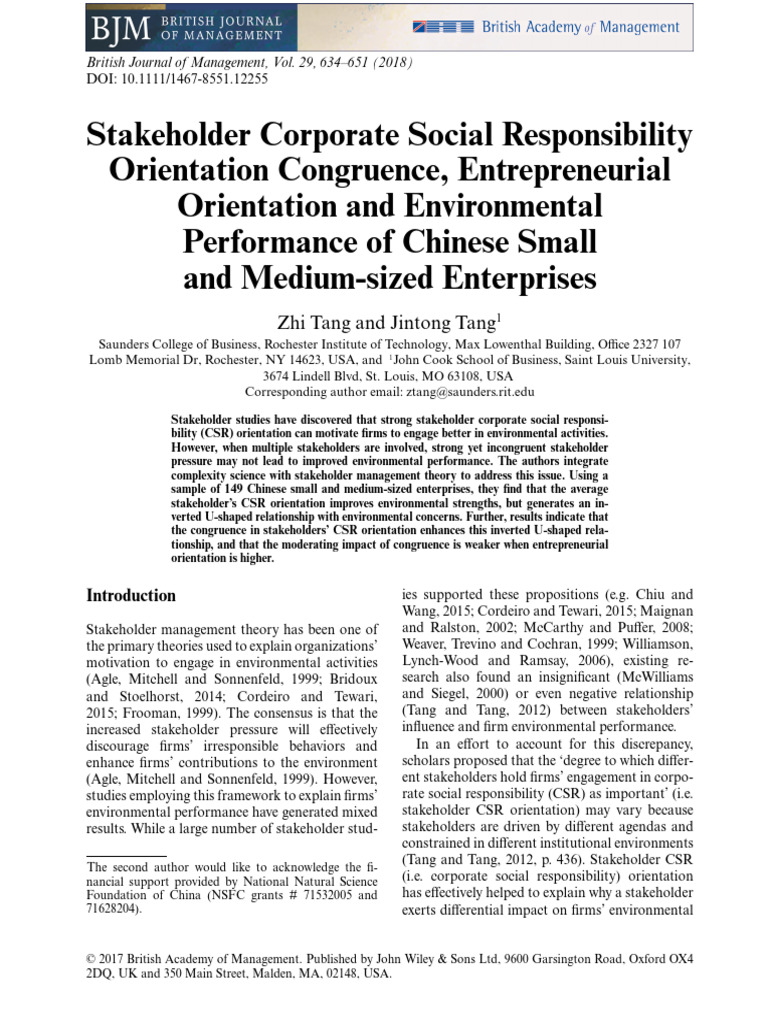CSR Orientation and Environmental Performance in SMEs | PDF | Corporate ...