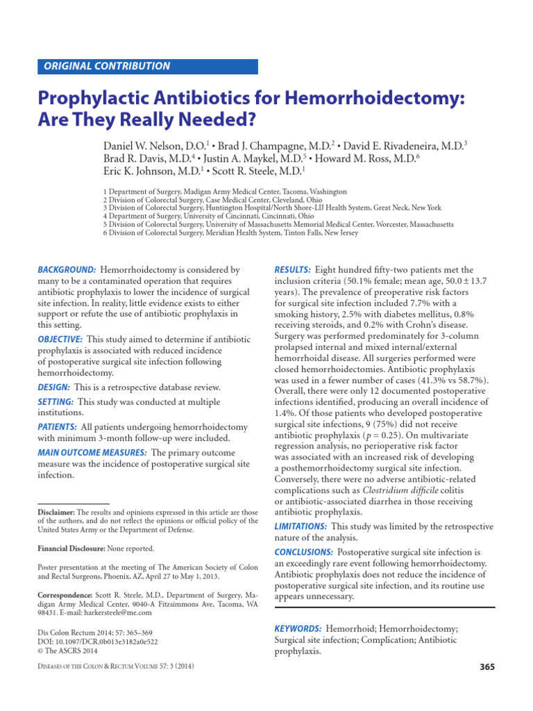 Prophylactic Antibiotics for Hemorrhoidectomy PDF Hemorrhoid Surgery
