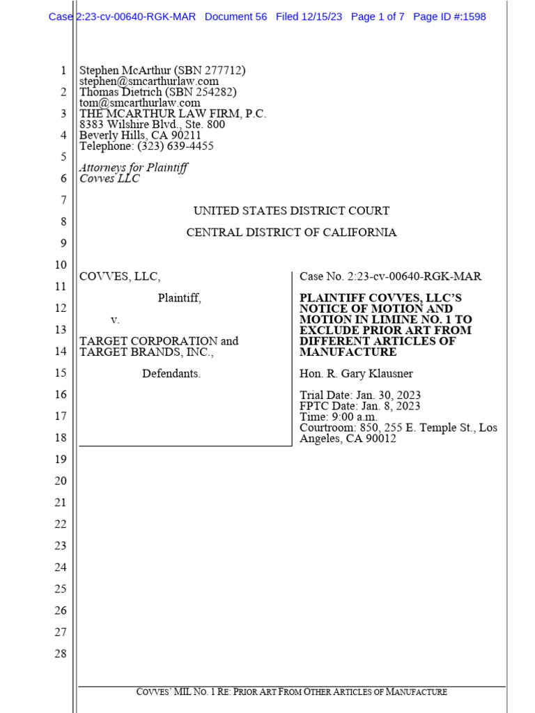 Covves v. Target Motion in Limine PDF Prior Art Justice