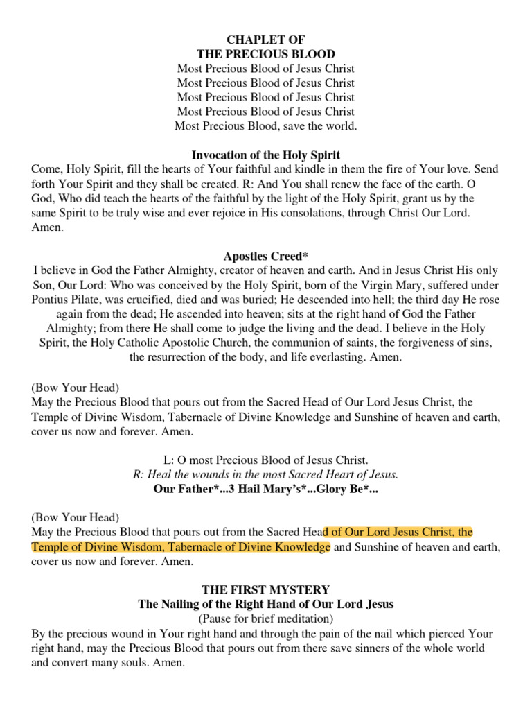 Chaplet Of Precious Blood Pdf Jesus Eucharist