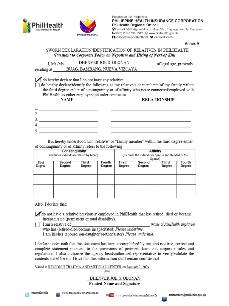 Sworn Declaration of Relatives-PHIC | PDF | Social Institutions ...