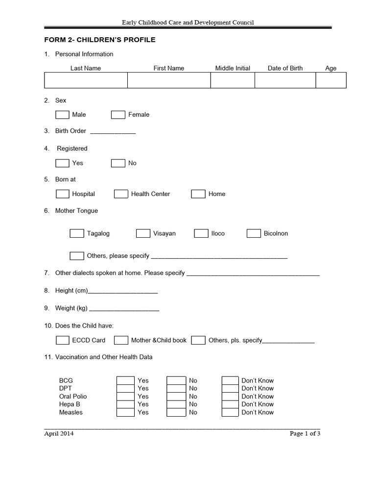 Child Profile Form for ECCD | PDF | Child Care | Preschool