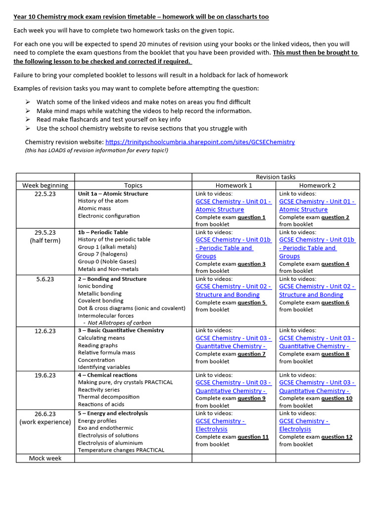 Year 10 Chemistry Mock Exam Revision Timetable PDF
