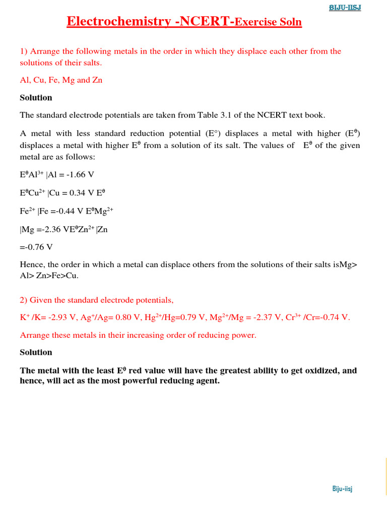 3 Electrochemistry NCERT Soln. PDF Electrochemistry Metals