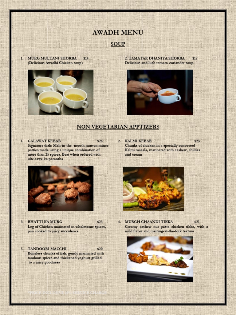 Awadh Cuisine Menu Overview | PDF | Foods | Cuisine