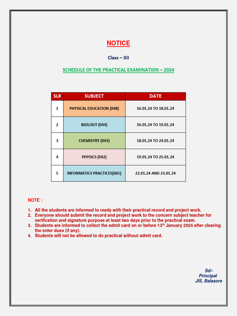Class 12 Practical Exam Schedule 2024 | PDF