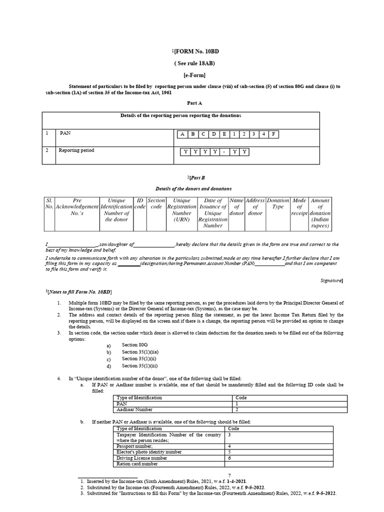 (FORM No. 10BD (See Rule 18AB) (E-Form) : Details of The Donors and ...