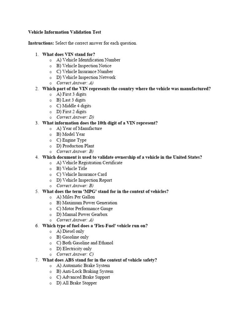 Vehicle Information Validation Test PDF Vehicles Automatic