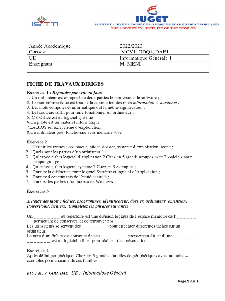 Fiche de TD Informatique Générale | PDF | Logiciel système | Informatique