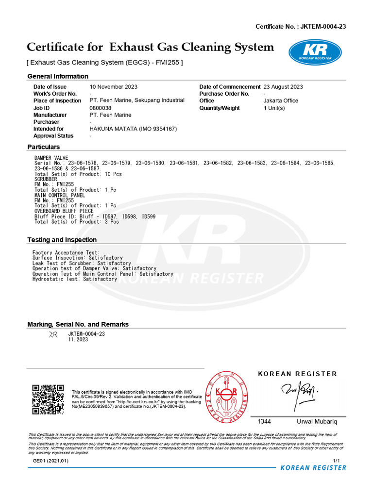 EGCS Certificate FMI255 | PDF