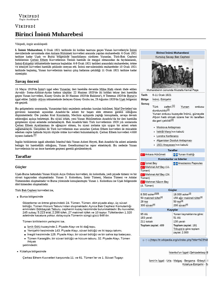 Birinci İnönü Muharebesi | PDF