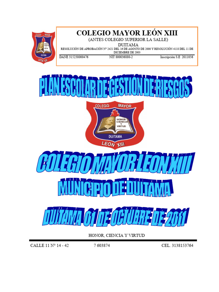 Plan de Gestión de Riesgos Escolar | PDF | Defensa Civil | Valores