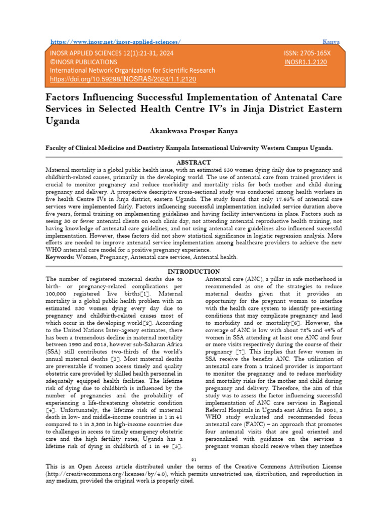 Factors Influencing Successful Implementation of Antenatal Care ...