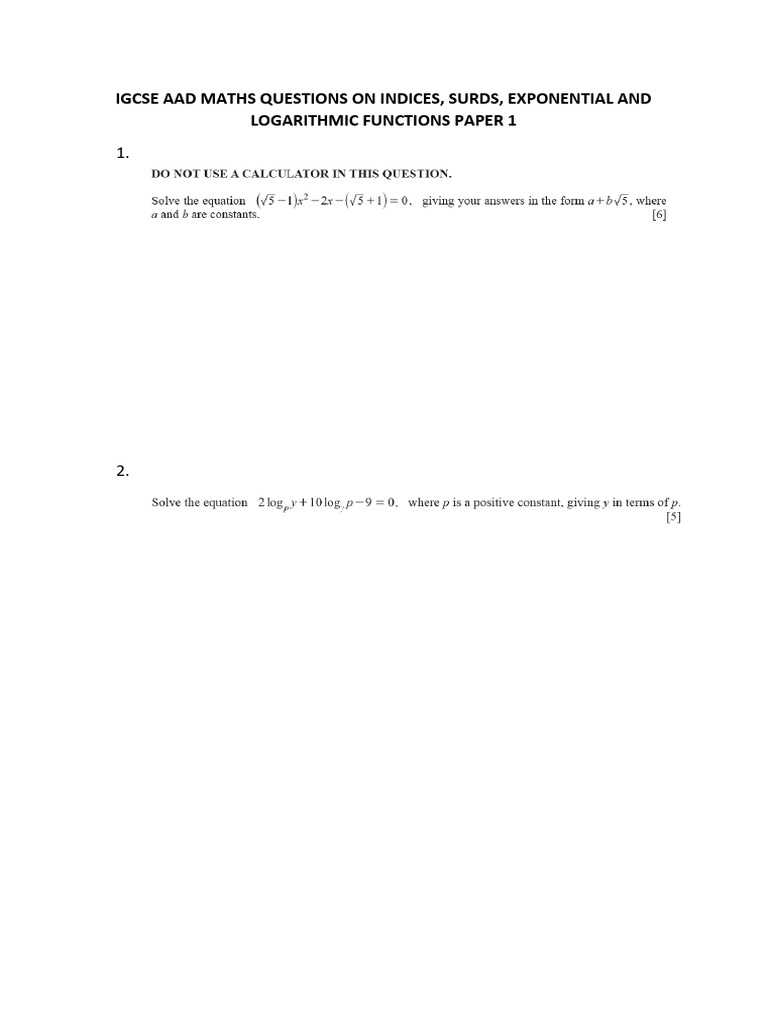 Igcse Add Maths Questions On Indices and Surds Paper 1a PDF