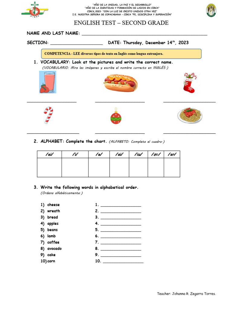 Prueba de Inglés para Segundo Grado | PDF
