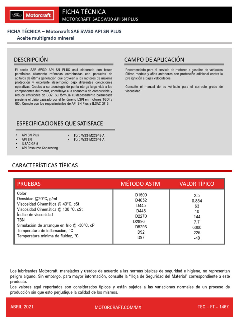 FT Aceite Mineral Motor Sae 5w30 Api SN Plus | PDF | Lubricante
