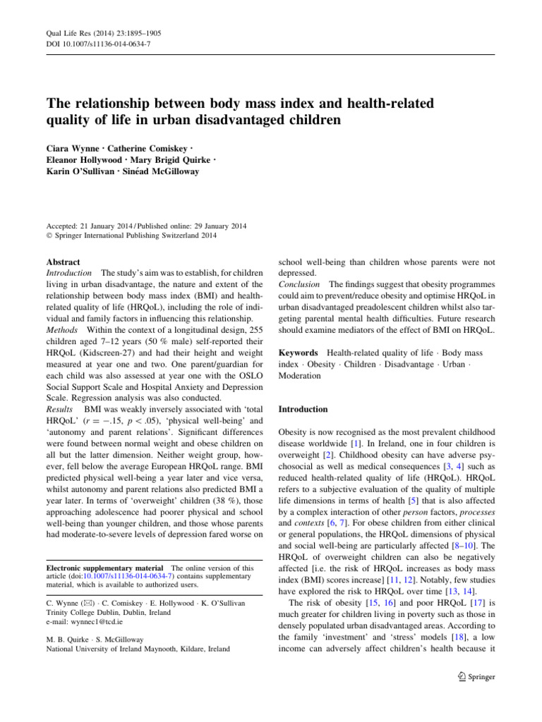 BMI and Quality of Life in Disadvantaged Kids | PDF | Obesity | Body ...