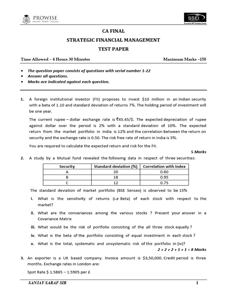 Ca Final Sfm Test Paper Question Pdf Beta Finance Stocks