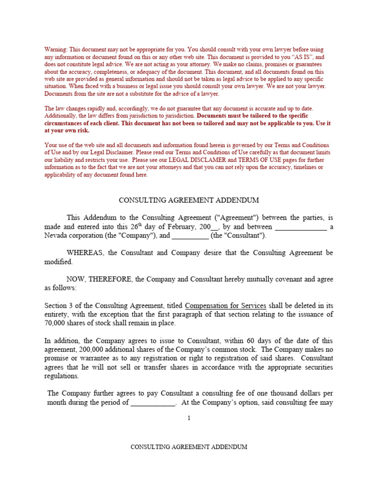 Consulting Agreement Addendum | PDF | Stocks | Disclaimer