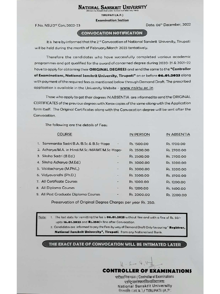 Convocation Notification And Application For Admission Into The 2nd