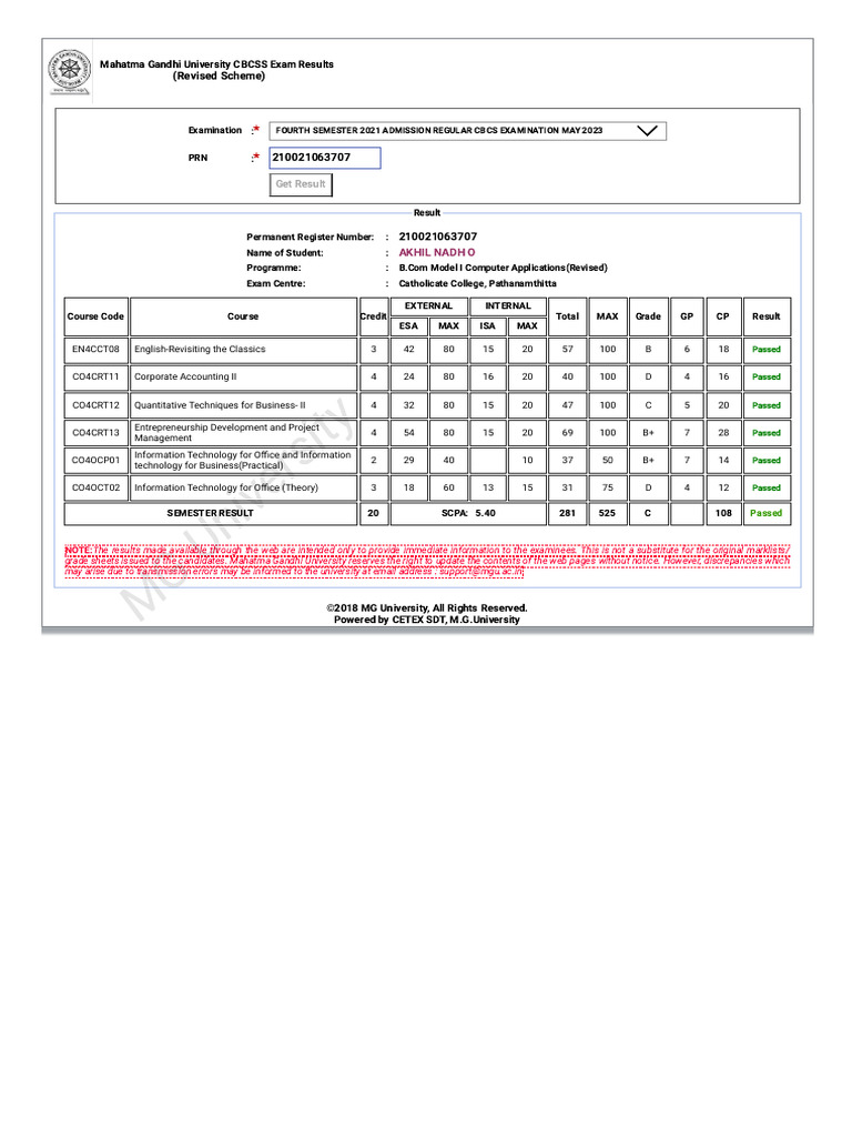 MG University CBCSS Exam Results 2023 | PDF