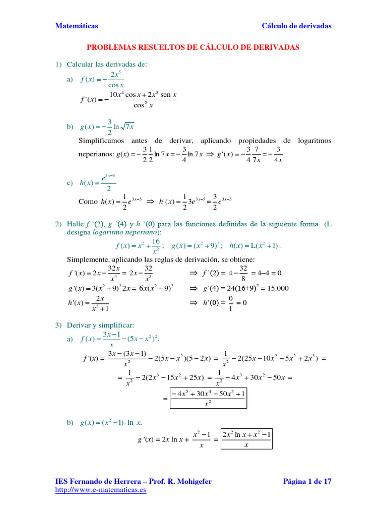 Problemas Resueltos de Calculo de Derivadas | PDF