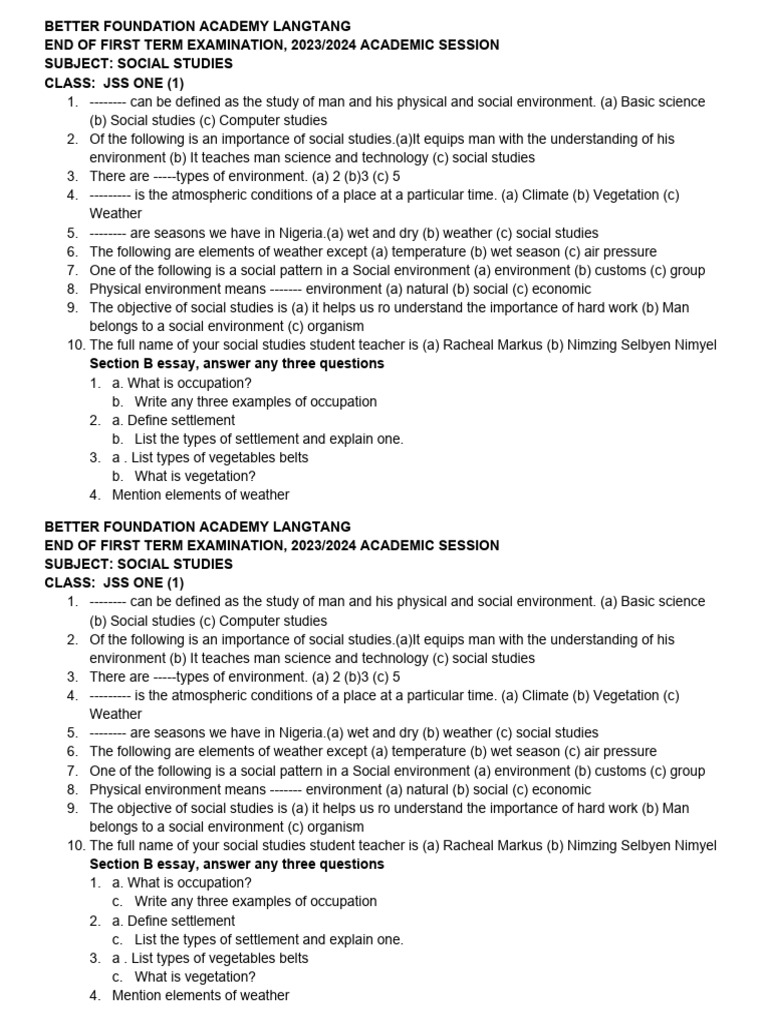 Social Studies JSS 1 PDF Natural Environment Weather
