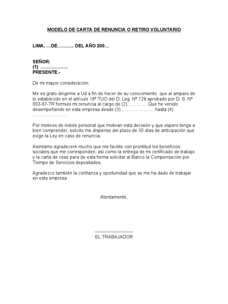 Modelo de Carta de Renuncia o Retiro Voluntario PDF