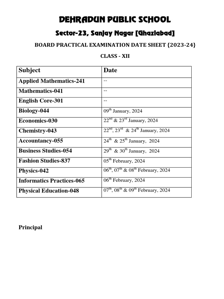 Board Practical Examination Date Sheet {2023-24} | PDF