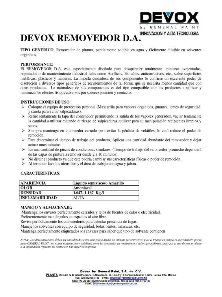 Removedor Devox D.A.: Uso y Características | PDF | Solvente | Agua