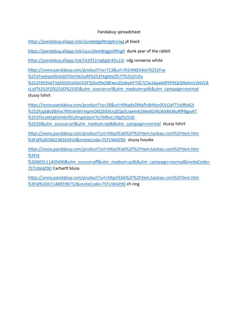 Pandabuy spreadsheet PDF