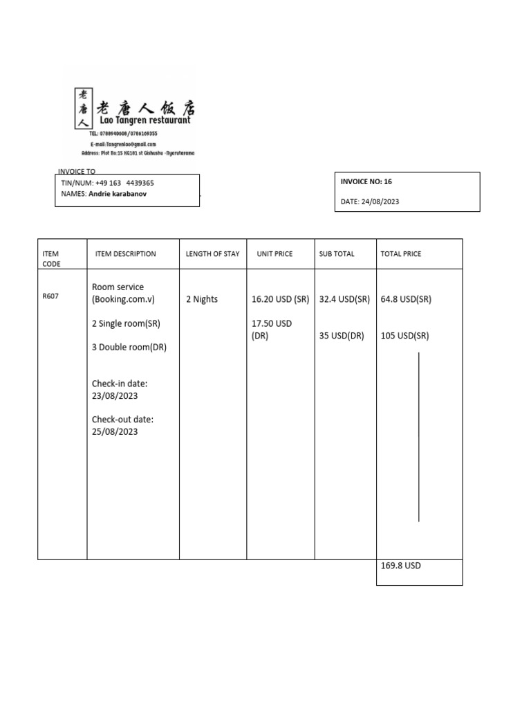 Invoice for Room Booking Details | PDF