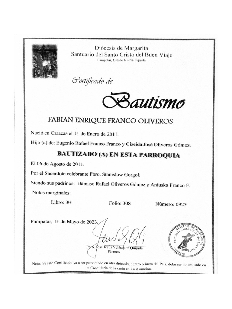 Fe de Bautismo Fabián Enrique Franco Oliveros | PDF
