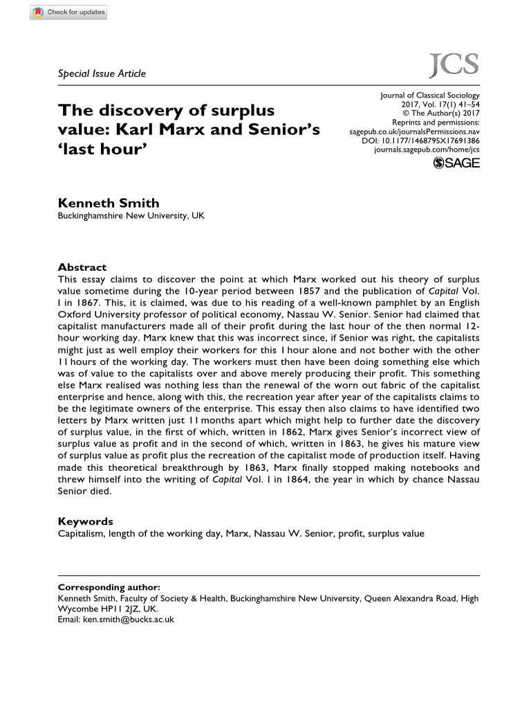 Smith. 2017. The Discovery of Surplus Value Karl Marx and Senior's
